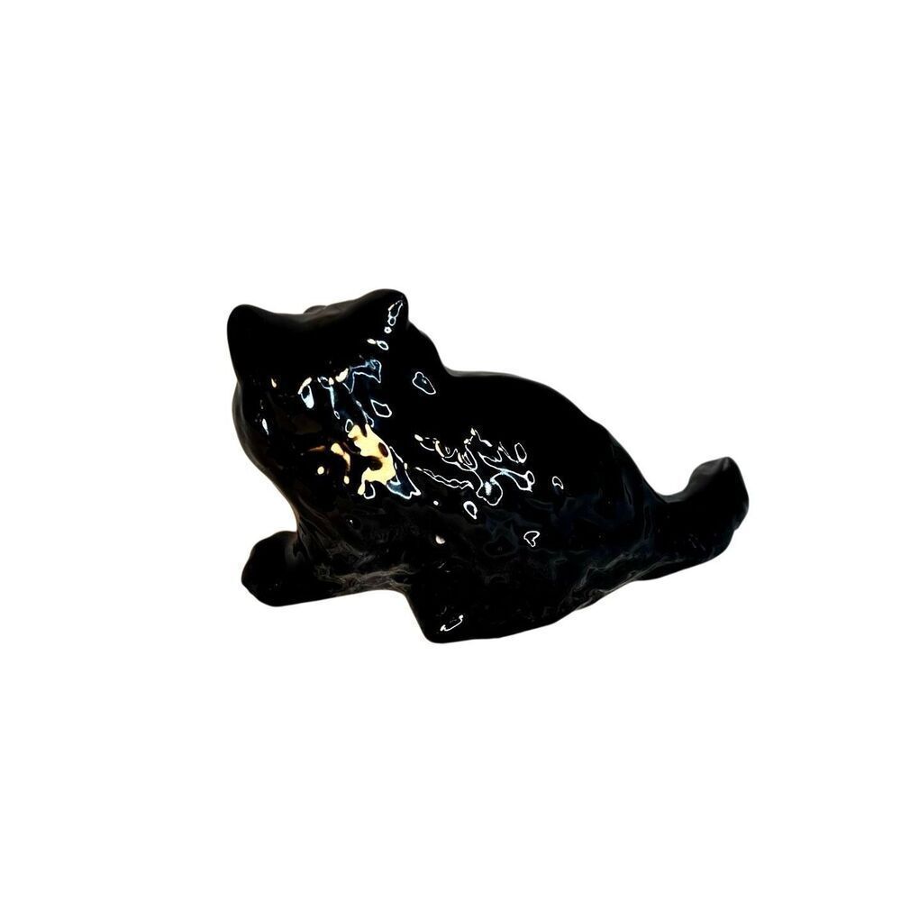 Vintage Glossy Black Cat with Green Eyes Ceramic Figurine Unmarked - Picture 3 of 7